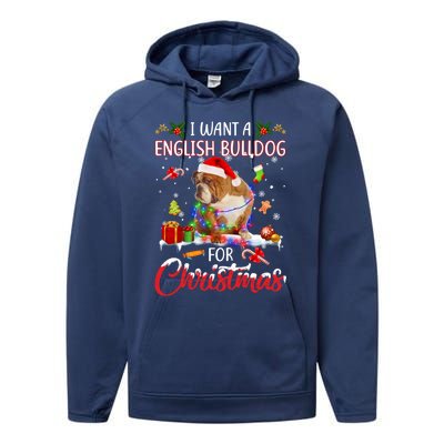 I Want A English Bulldog For Christmas Xmas Lights Santa Gift Performance Fleece Hoodie