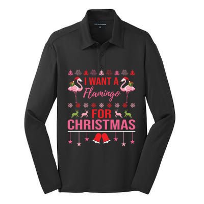 I Want A Flamingo For Christmas Flamingo Ugly Christmas Gift Silk Touch Performance Long Sleeve Polo