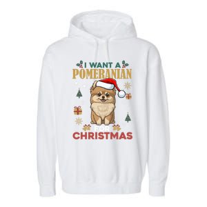 I Want A Pomeranian For Christmas Cute Dog Lover Xmas Pajama Gift Garment-Dyed Fleece Hoodie