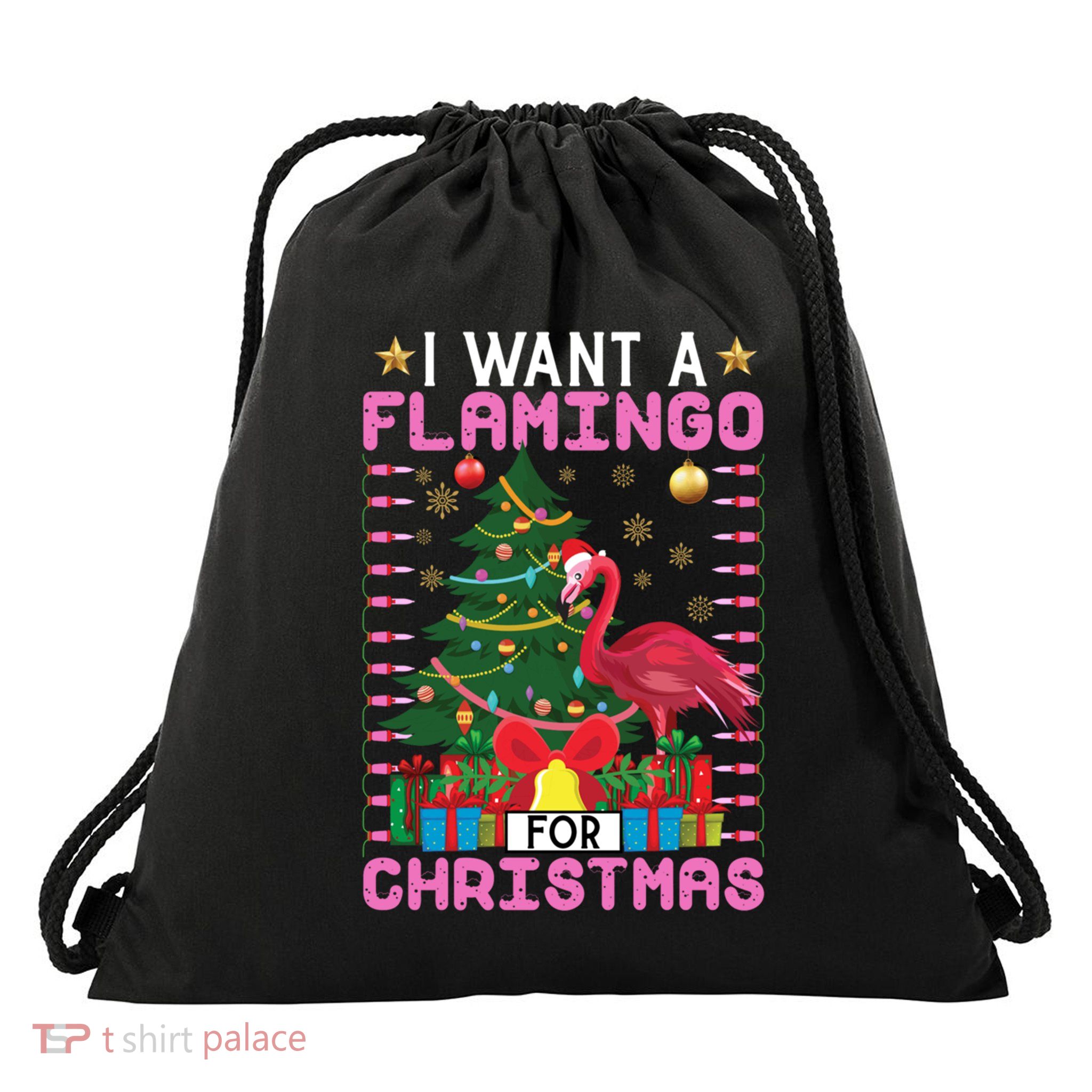 I Want A Flamingo For Christmas Ugly Sweater Flamingo Gift Drawstring Bag