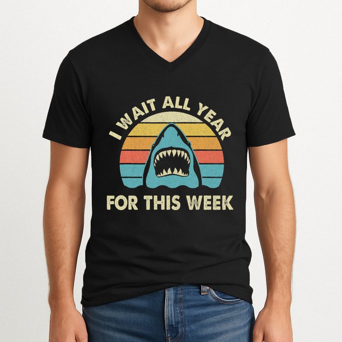 I Wait All Year For This Week Shark Lover Ocean Wildlife V-Neck T-Shirt