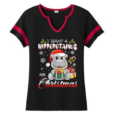 I Want A Hippopotamus For Christmas Funny Hippo Xmas Pajamas Gift Ladies Halftime Notch Neck Tee