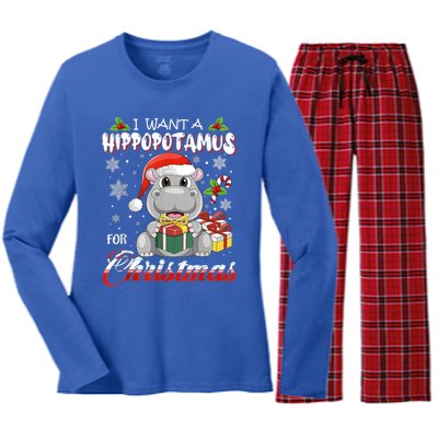 I Want A Hippopotamus For Christmas Funny Hippo Xmas Pajamas Gift Women's Long Sleeve Flannel Pajama Set 