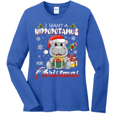 I Want A Hippopotamus For Christmas Funny Hippo Xmas Pajamas Gift Ladies Long Sleeve Shirt