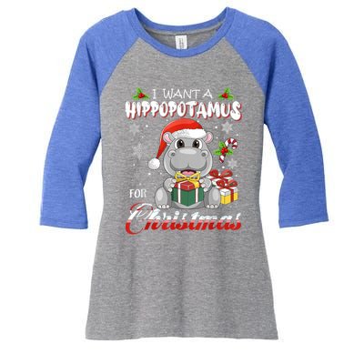 I Want A Hippopotamus For Christmas Funny Hippo Xmas Pajamas Gift Women's Tri-Blend 3/4-Sleeve Raglan Shirt