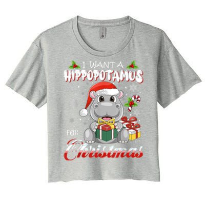 I Want A Hippopotamus For Christmas Funny Hippo Xmas Pajamas Gift Women's Crop Top Tee