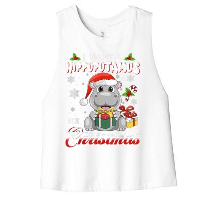 I Want A Hippopotamus For Christmas Funny Hippo Xmas Pajamas Gift Women's Racerback Cropped Tank