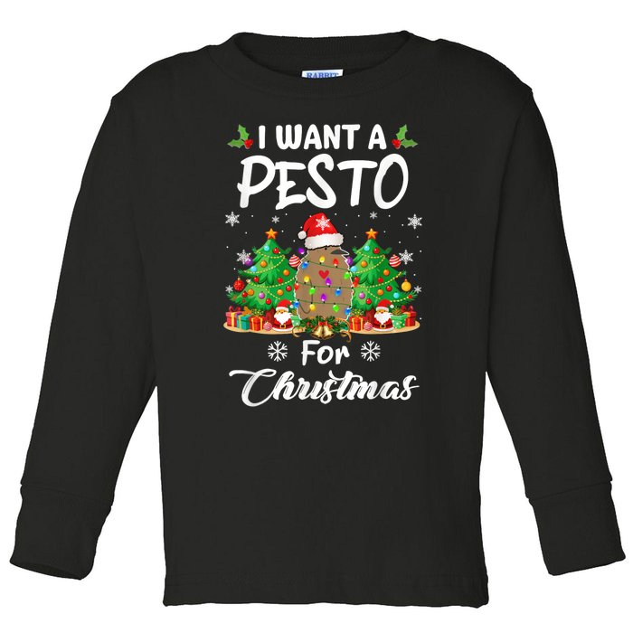 I Want A Pesto For Christmas Pesto The Penguin Funny Toddler Long Sleeve Shirt