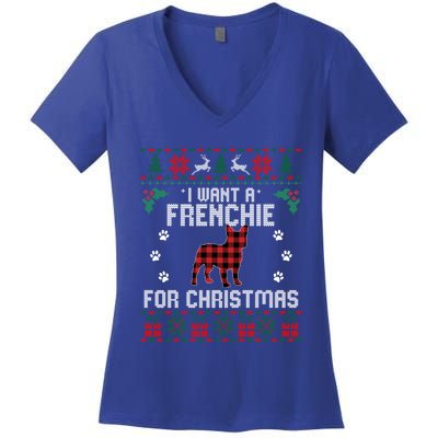 I Want A Frenchie For Christmas Dog Ugly Christmas Sweater Gift Women's V-Neck T-Shirt