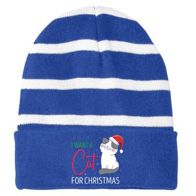 I Want A Cat For Christmas Cute Kitten Cat Lover Present Cute Gift Striped Beanie with Solid Band