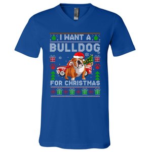 I Want A Bulldog For Christmas Ugly Sweater Dog Xmas Outfit Gift V-Neck T-Shirt