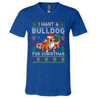 I Want A Bulldog For Christmas Ugly Sweater Dog Xmas Outfit Gift V-Neck T-Shirt