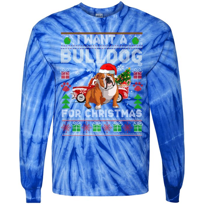 I Want A Bulldog For Christmas Ugly Sweater Dog Xmas Outfit Gift Tie-Dye Long Sleeve Shirt