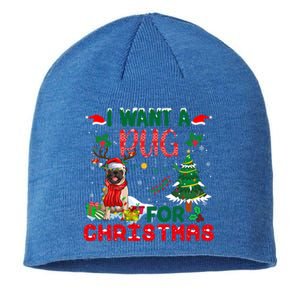 I Want A Pug Dog For Christmas Xmas Pug Dog Reindeer Gift Sustainable Beanie