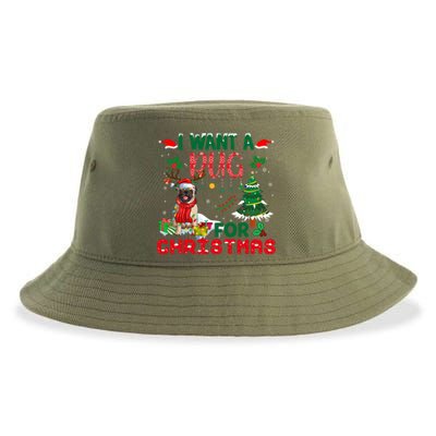 I Want A Pug Dog For Christmas Xmas Pug Dog Reindeer Meaningful Gift Sustainable Bucket Hat