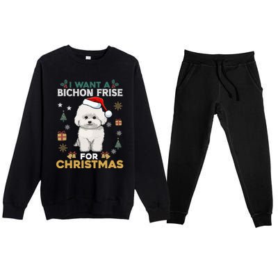 I Want A Bichon Frise For Christmas Cute Dog Lover Pajamas Gift Premium Crewneck Sweatsuit Set