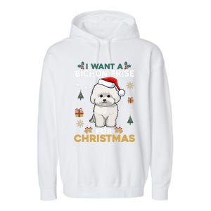 I Want A Bichon Frise For Christmas Cute Dog Lover Pajamas Gift Garment-Dyed Fleece Hoodie