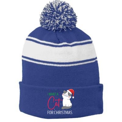 I Want A Cat For Christmas Cute Kitten Cat Lover Present Gift Stripe Pom Pom Beanie