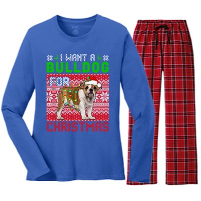 I Want A Bulldog For Christmas Santa Dog Lover Owner Cool Gift Women's Long Sleeve Flannel Pajama Set 