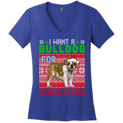 I Want A Bulldog For Christmas Santa Dog Lover Owner Cool Gift Women's V-Neck T-Shirt