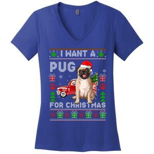 I Want A Pug For Christmas Ugly Sweater Dog Xmas Outfit Gift Women's V-Neck T-Shirt