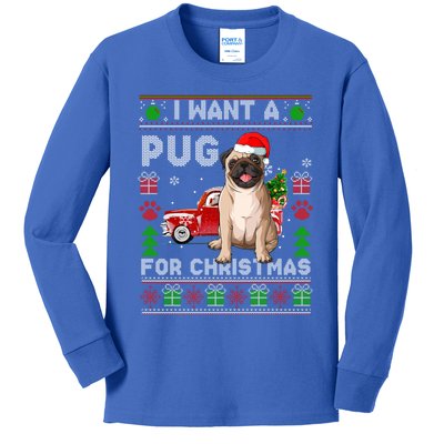 I Want A Pug For Christmas Ugly Sweater Dog Xmas Outfit Gift Kids Long Sleeve Shirt