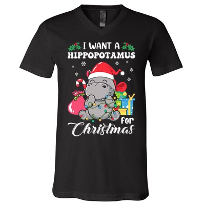 I Want A Hippopotamus For Christmas Hippo Christmas Pajamas V-Neck T-Shirt
