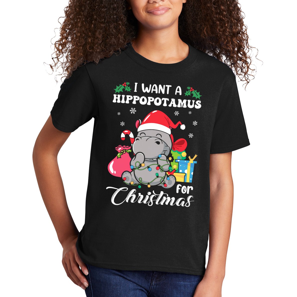 I Want A Hippopotamus For Christmas Hippo Christmas Pajamas Kids T-Shirt