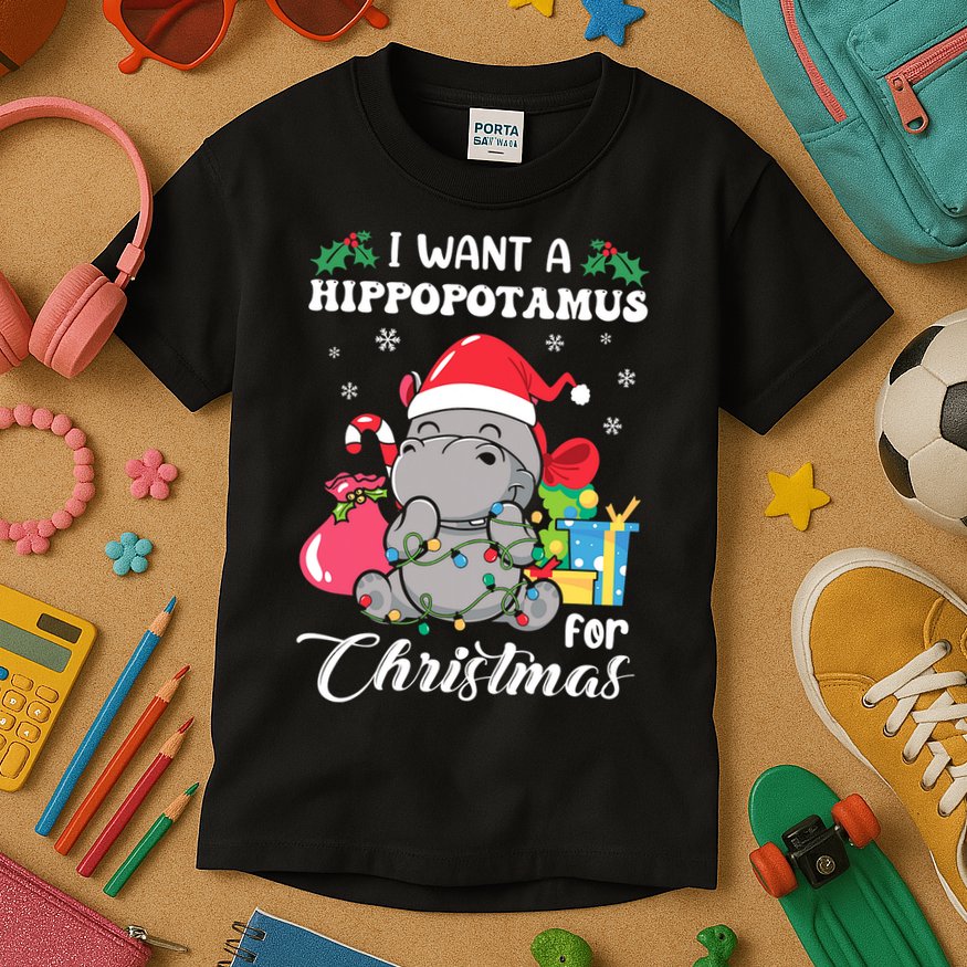 I Want A Hippopotamus For Christmas Hippo Christmas Pajamas Kids T-Shirt