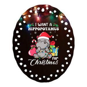 I Want A Hippopotamus For Christmas Hippo Christmas Pajamas Ceramic Oval Ornament