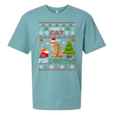 I Want A Cat For Christmas Funny Sweater Cat Xmas Gift Sueded Cloud Jersey T-Shirt