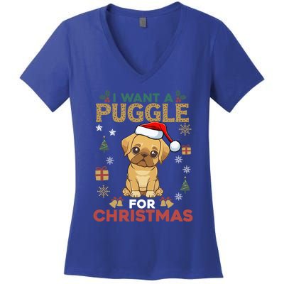 I Want A Puggle For Christmas Cute Dog Lover Family Pajama Great Gift Women's V-Neck T-Shirt