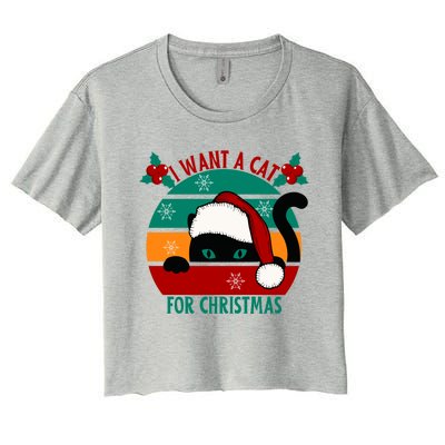 I Want A Cat For Christmas Xmas Cat Gift Women's Crop Top Tee