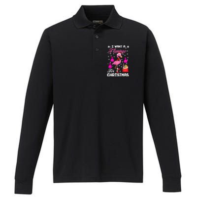 I Want A Flamingo For Christmas Pajama Holiday Xmas Funny Gift Great Gift Performance Long Sleeve Polo