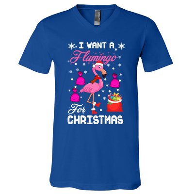 I Want A Flamingo For Christmas Pajama Holiday Xmas Funny Gift Great Gift V-Neck T-Shirt