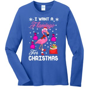 I Want A Flamingo For Christmas Pajama Holiday Xmas Funny Gift Great Gift Ladies Long Sleeve Shirt