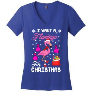 I Want A Flamingo For Christmas Pajama Holiday Xmas Funny Gift Great Gift Women's V-Neck T-Shirt