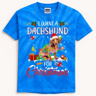 I Want A Dachshund For Christmas Xmas Lights Santa Dachshund Gift Kids Tie-Dye T-Shirt