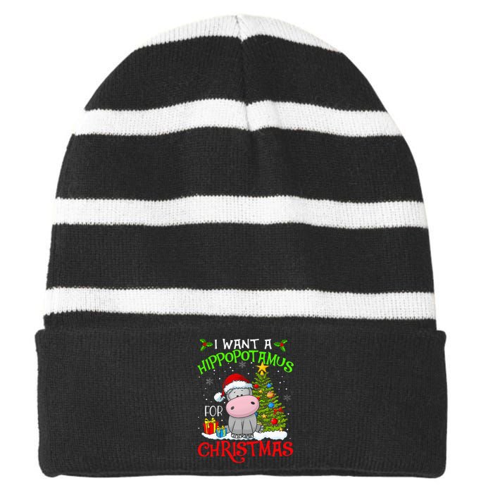 I Want A Hippopotamus For Christmas Xmas Hippo Striped Beanie with Solid Band