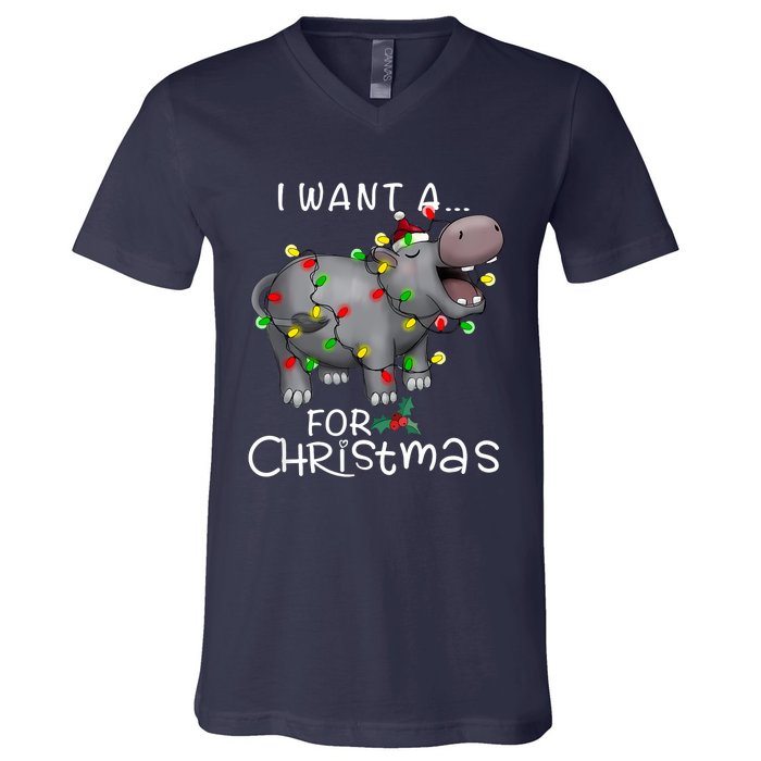 I Want A Hippopotamus For Christmas Xmas Hippo Lover Funny V-Neck T-Shirt