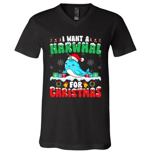 I Want A Narwhal For Christmas Narwhal Lover Santa Xmas V-Neck T-Shirt