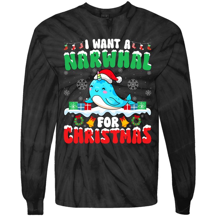 I Want A Narwhal For Christmas Narwhal Lover Santa Xmas Tie-Dye Long Sleeve Shirt