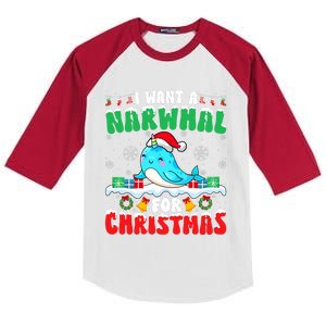 I Want A Narwhal For Christmas Narwhal Lover Santa Xmas Kids Colorblock Raglan Jersey