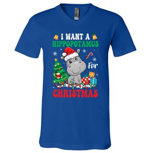 I Want A Hippopotamus For Christmas Lights Santa Hippo Xmas Gift V-Neck T-Shirt