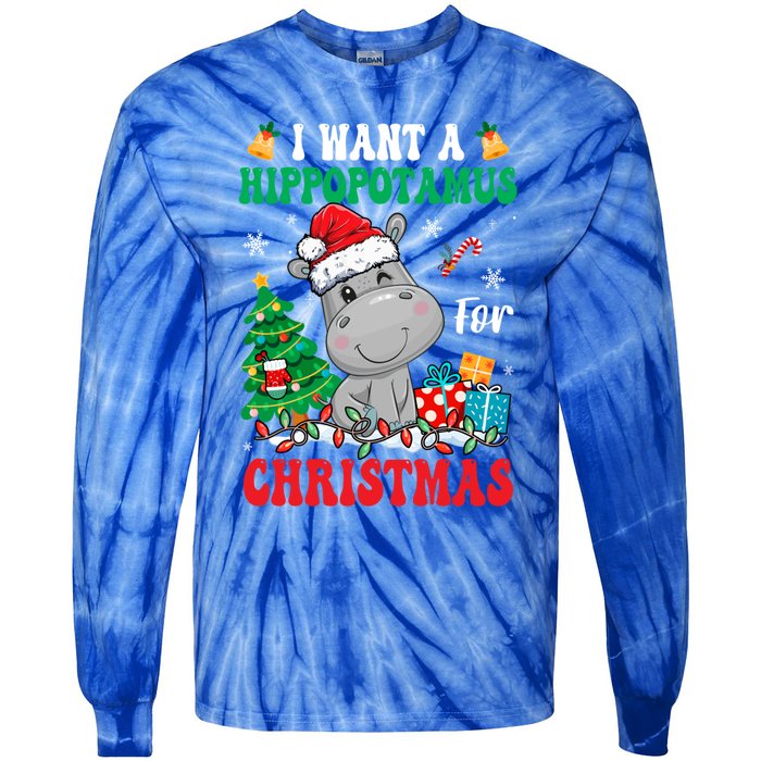 I Want A Hippopotamus For Christmas Lights Santa Hippo Xmas Gift Tie-Dye Long Sleeve Shirt