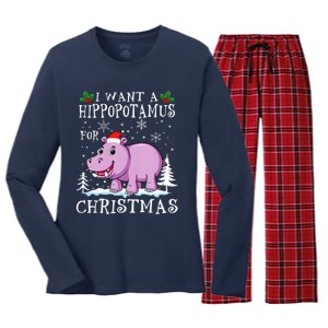 I Want A Hippopotamus For Christmas Xmas Hippo Women's Long Sleeve Flannel Pajama Set 