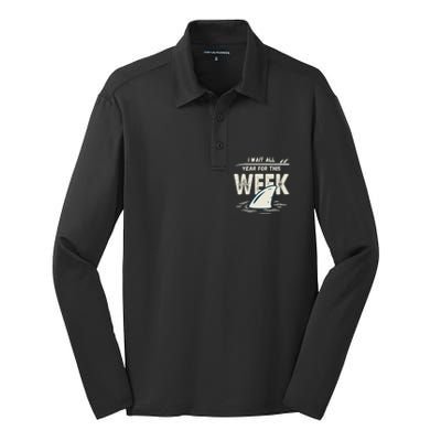 I Wait All Year For This Week Funny Shark Silk Touch Performance Long Sleeve Polo