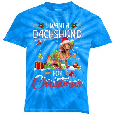 I Want A Dachshund For Christmas Xmas Lights Santa Dachshund Gift Kids Tie-Dye T-Shirt