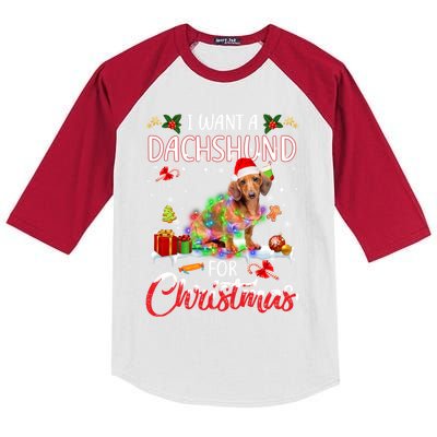 I Want A Dachshund For Christmas Xmas Lights Santa Dachshund Gift Kids Colorblock Raglan Jersey