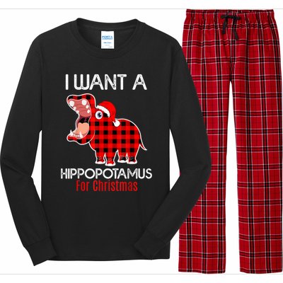 I Want A Hippopotamus For Christmas Plaid Hippo Pajamas Xmas Gift Long Sleeve Pajama Set